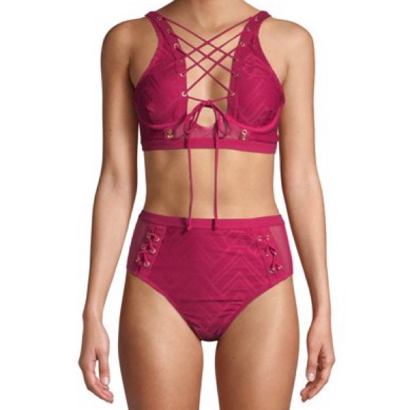 Xoxo Swim Suit Illusion Lace Up High Waisted Pink Bikini